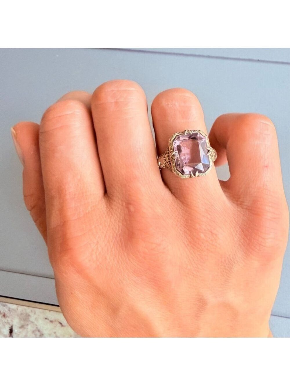 Estate 14K White Gold Antique Art Deco 5 CT Emerald Cut Amethyst Ring - Picture 6 of 13